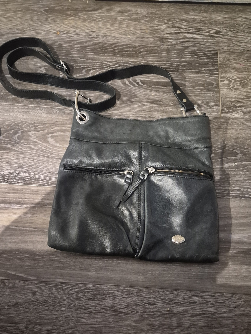 Black Leather Crossbody Bag with Front Zip Pockets